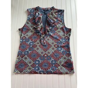 Chaps Denim Womens XL Tank Top Ruffle V Neck Lined Mesh Geometric